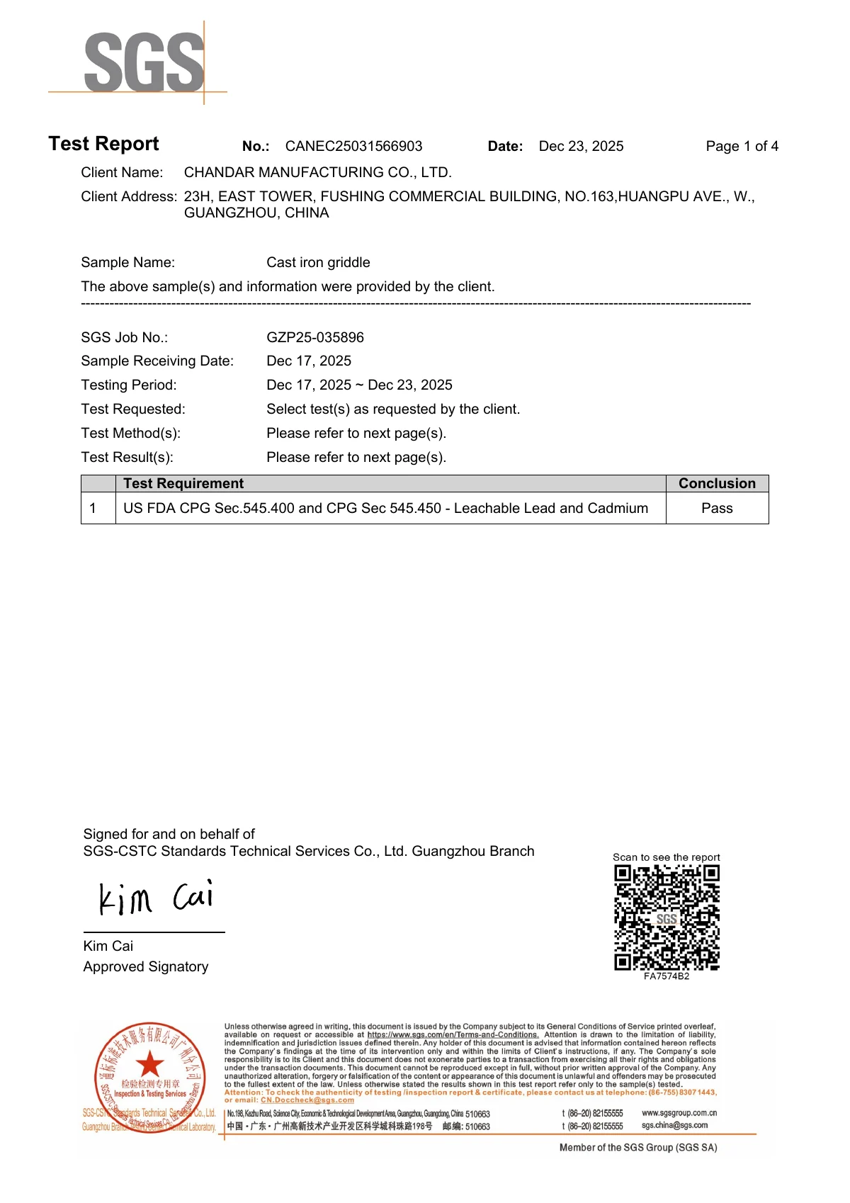 First page of the SGS FDA lead and cadmium test report for a cast iron griddle sample