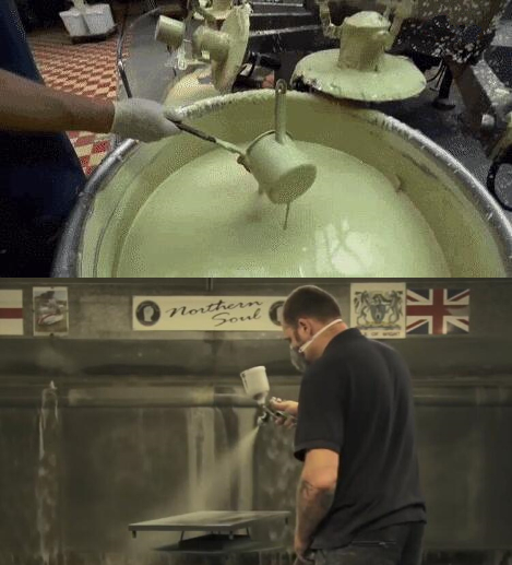 Two views of liquid enamel application by immersion and spray